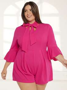 SHEIN Privé Plus 1pc Tie Neck Flare Sleeve Romper - Hot Pink - View 6