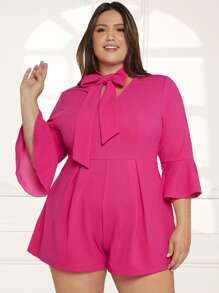 SHEIN Privé Plus 1pc Tie Neck Flare Sleeve Romper - Hot Pink - View 7