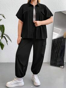 Flirla Plus Flap Pocket Shirt & Trousers - Black - View 1