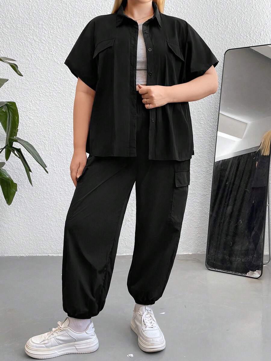 Flirla Plus Flap Pocket Shirt & Trousers - Black - View 1