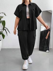 Flirla Plus Flap Pocket Shirt & Trousers - Black - View 4