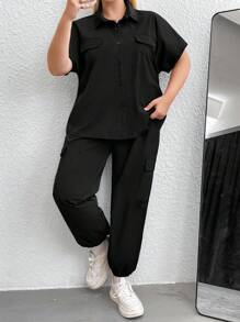 Flirla Plus Flap Pocket Shirt & Trousers - Black - View 5