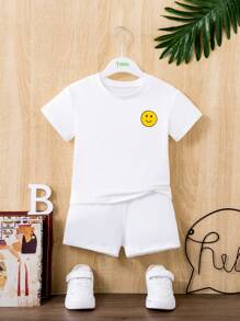 SHEIN 男嬰表情圖案T恤和短褲 - 白色 - 查看 1