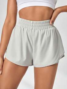 Exploreva Solid Tulip Hem Elastic Waist 2 In 1 Sports Shorts Sweater Shorts - Grey - View 3