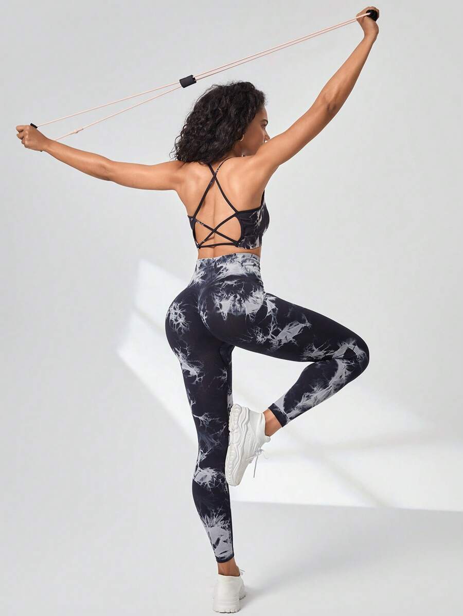 Easithlete 交叉紮染運動套裝 - 黑與白 - 查看 1