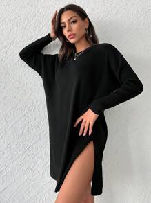 EURMUSE Solid Drop Shoulder Split Thigh Jumper Dress - Black - View 1