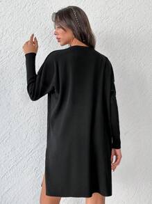 EURMUSE Solid Drop Shoulder Split Thigh Jumper Dress - Black - View 2