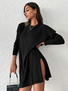 EURMUSE Solid Drop Shoulder Split Thigh Jumper Dress - Black - View 3