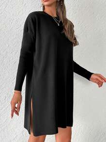 EURMUSE Solid Drop Shoulder Split Thigh Jumper Dress - Black - View 5
