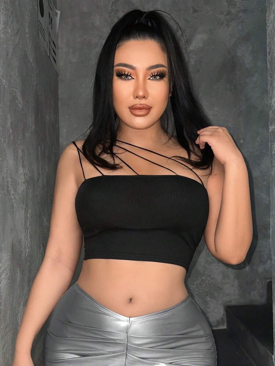 SHEIN SXY One Shoulder Crop Top - Black - View 1