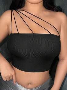 SHEIN SXY One Shoulder Crop Top - Black - View 3