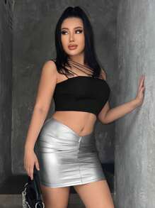 SHEIN SXY One Shoulder Crop Top - Black - View 5