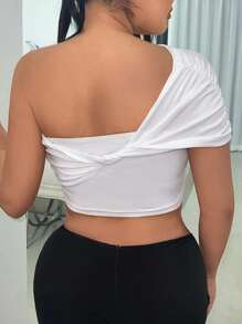 SHEIN SXY 單肩褶邊短款上衣 - 白色 - 查看 2