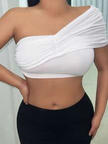 SHEIN SXY 單肩褶邊短款上衣 - 白色 - 查看 1