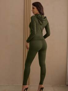 Drawstring Kangaroo Pocket Zipper Up Placket Hooded Sweatshirt & Leggings - Army Green - View 2