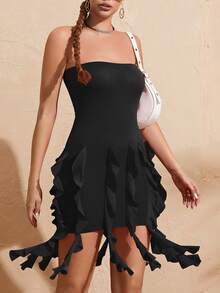 Đầm Bất đối xứng phân lớp màu trơn Gợi cảm - màu đen - Xem 5