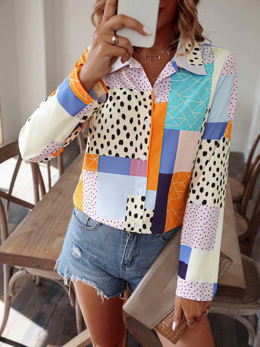 SHEIN LUNE Camisa con estampado de retazo con botón delantero - Multicolor - Ver 1