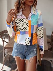 SHEIN LUNE Camisa con estampado de retazo con botón delantero - Multicolor - Ver 3