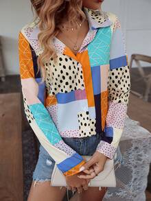 SHEIN LUNE Camisa con estampado de retazo con botón delantero - Multicolor - Ver 4
