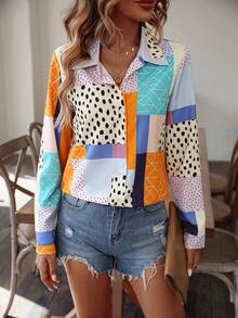SHEIN LUNE Camisa con estampado de retazo con botón delantero - Multicolor - Ver 6