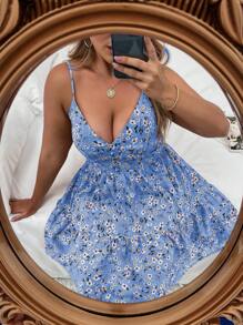 Flirla Vestido de tirantes sin espalda con volantes y estampado floral ditsy para talla grande, verano