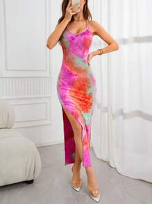 SHEIN Privé 紮染高衩吊帶洋裝 - 玫紅色 - 查看 1