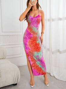 SHEIN Privé 紮染高衩吊帶洋裝 - 玫紅色 - 查看 3