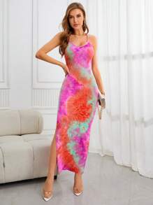 SHEIN Privé 紮染高衩吊帶洋裝 - 玫紅色 - 查看 4