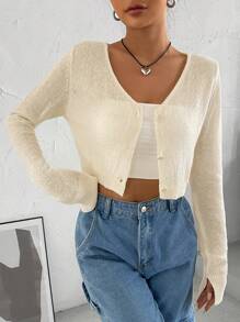 SHEIN EZwear Chất rắn Nút phía trước Cắt sửa áo lông cừu - Màu be - Xem 1