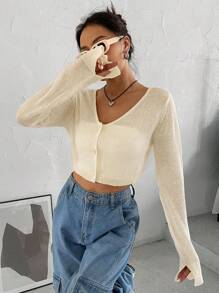 SHEIN EZwear Chất rắn Nút phía trước Cắt sửa áo lông cừu - Màu be - Xem 3