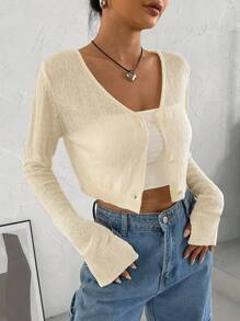 SHEIN EZwear Chất rắn Nút phía trước Cắt sửa áo lông cừu - Màu be - Xem 4