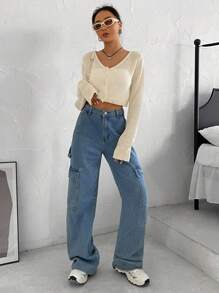 SHEIN EZwear Chất rắn Nút phía trước Cắt sửa áo lông cừu - Màu be - Xem 5