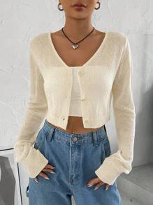 SHEIN EZwear Chất rắn Nút phía trước Cắt sửa áo lông cừu - Màu be - Xem 6