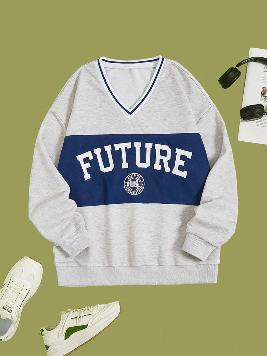 SHEIN EZwear Letter Graphic Colorblock Drop Shoulder Thermal Sweatshirt - Light Grey - View 1