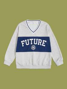 SHEIN EZwear Letter Graphic Colorblock Drop Shoulder Thermal Sweatshirt - Light Grey - View 3