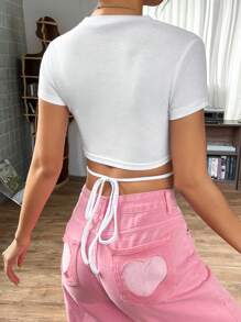 SHEIN EZwear Balletcore Áo phông Crop Crisscross Buộc lại - trắng - Xem 2