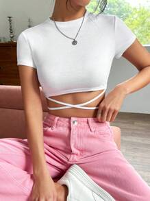SHEIN EZwear Balletcore Áo phông Crop Crisscross Buộc lại - trắng - Xem 6
