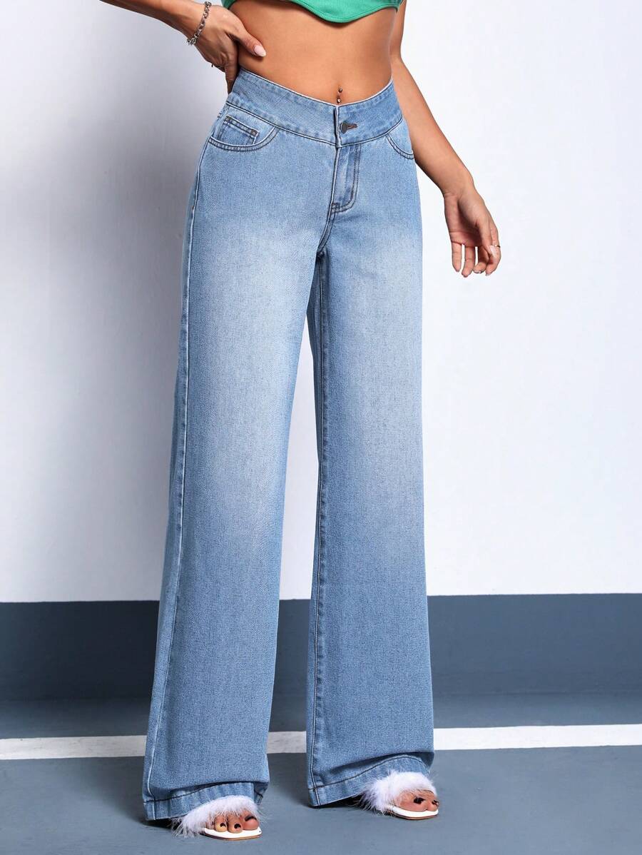 SHEIN Unity Asymmetrical Waist Wide Leg Jeans - Light Wash - View 1