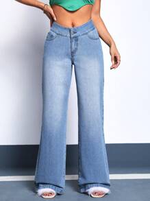 SHEIN Unity Asymmetrical Waist Wide Leg Jeans - Light Wash - View 3