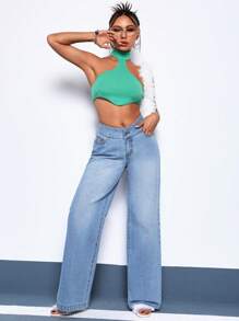 SHEIN Unity Asymmetrical Waist Wide Leg Jeans - Light Wash - View 4