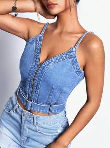 SHEIN ICON Buckle Belted Zip Up Cami Denim Top - Blue - View 4