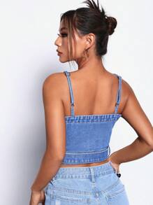 SHEIN ICON Buckle Belted Zip Up Cami Denim Top - Blue - View 2