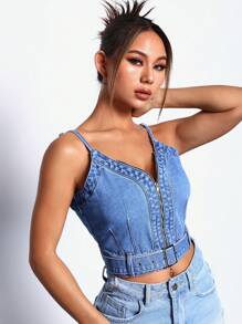 SHEIN ICON Buckle Belted Zip Up Cami Denim Top - Blue - View 3