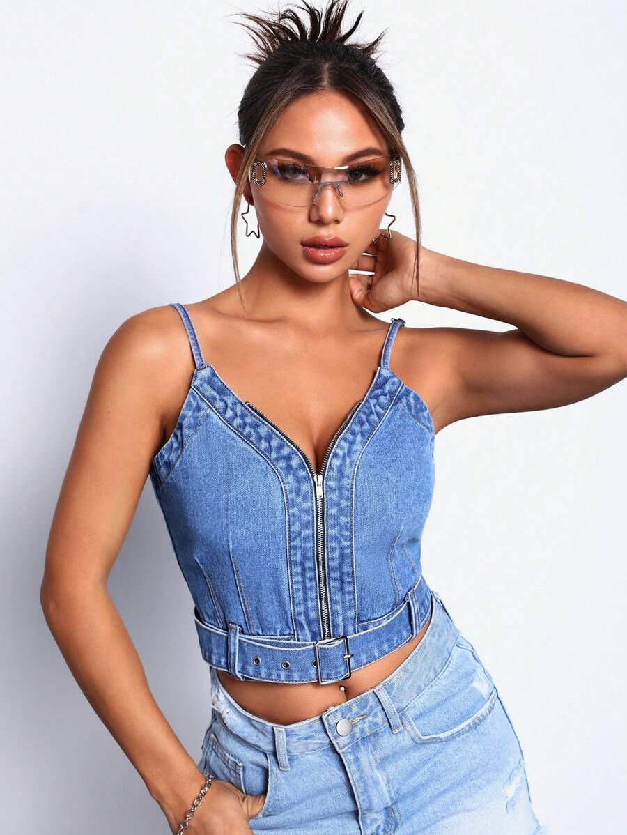 SHEIN ICON Buckle Belted Zip Up Cami Denim Top - Blue - View 1