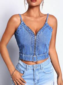 SHEIN ICON Buckle Belted Zip Up Cami Denim Top - Blue - View 5