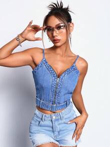 SHEIN ICON Buckle Belted Zip Up Cami Denim Top - Blue - View 6