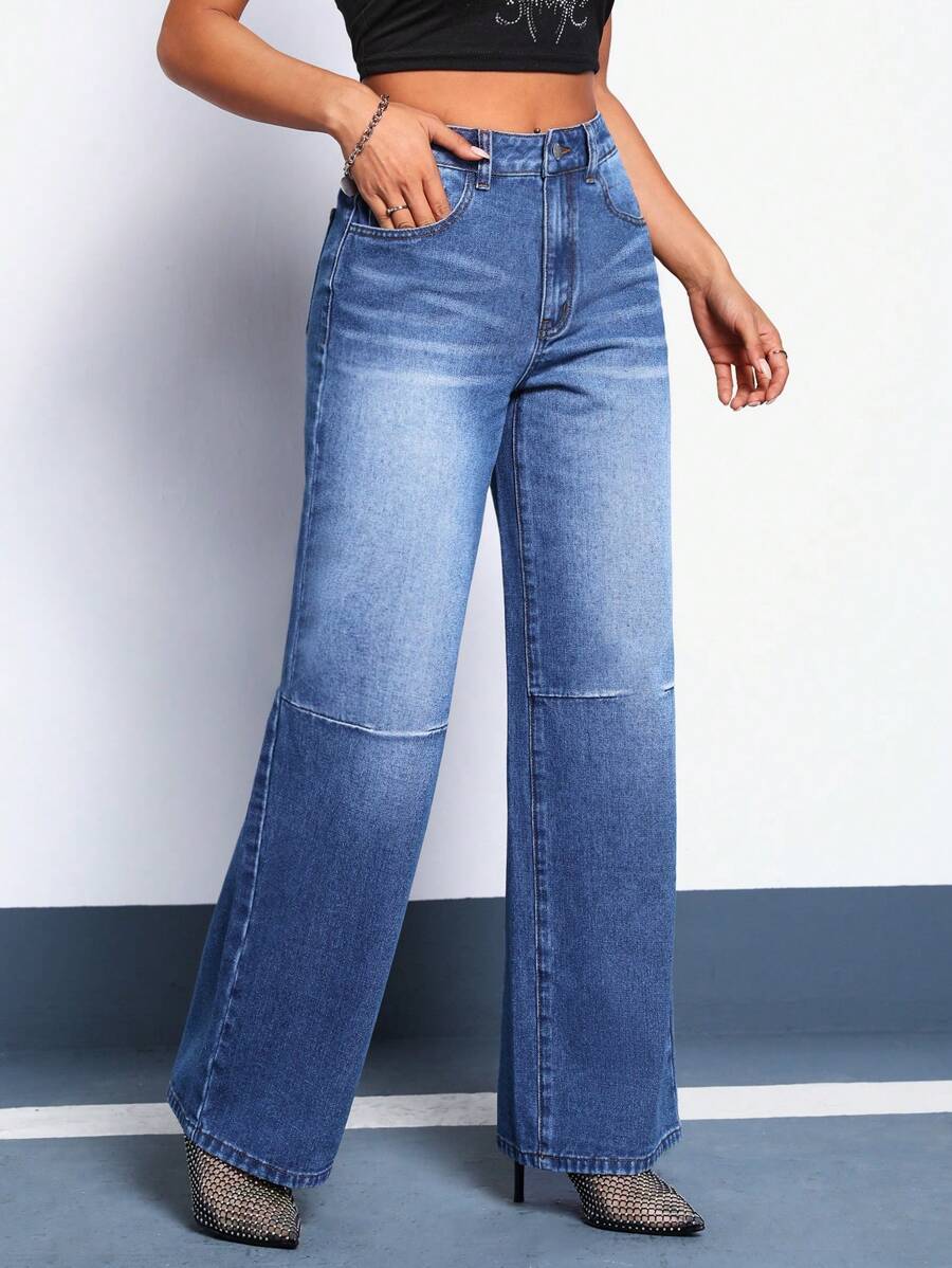 SHEIN Essnce 水洗闊腿牛仔褲 - 中等水洗藍 - 查看 1