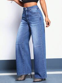 SHEIN Essnce 水洗闊腿牛仔褲 - 中等水洗藍 - 查看 5