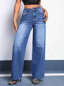 SHEIN Essnce 水洗闊腿牛仔褲 - 中等水洗藍 - 查看 6