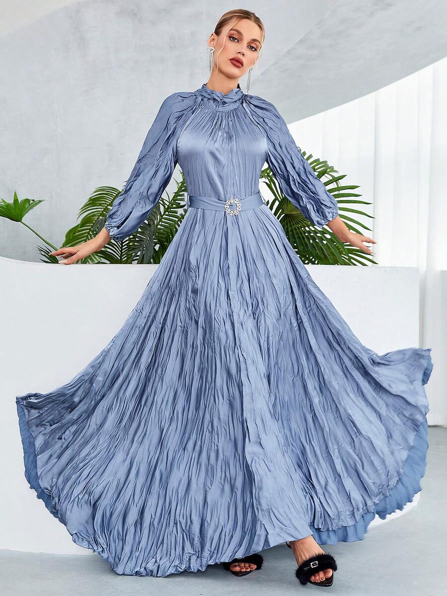 Mock Neck Lantern Sleeve Belted Dress - Baby Blue - View 1